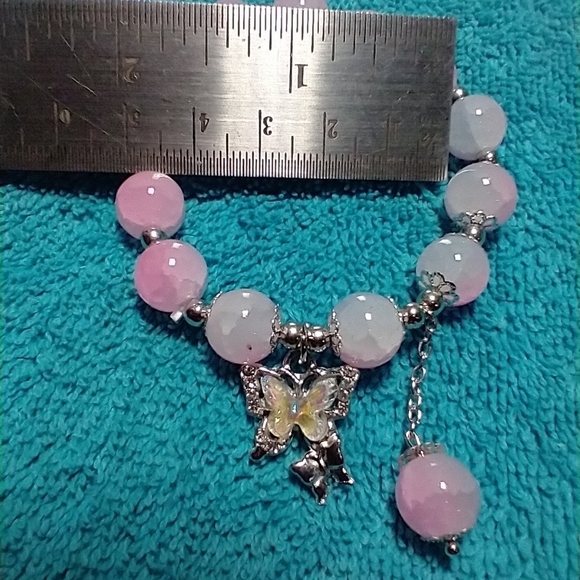 Pink white aurora silvertone butterfly beads stretch bracelet - Picture 3 of 4